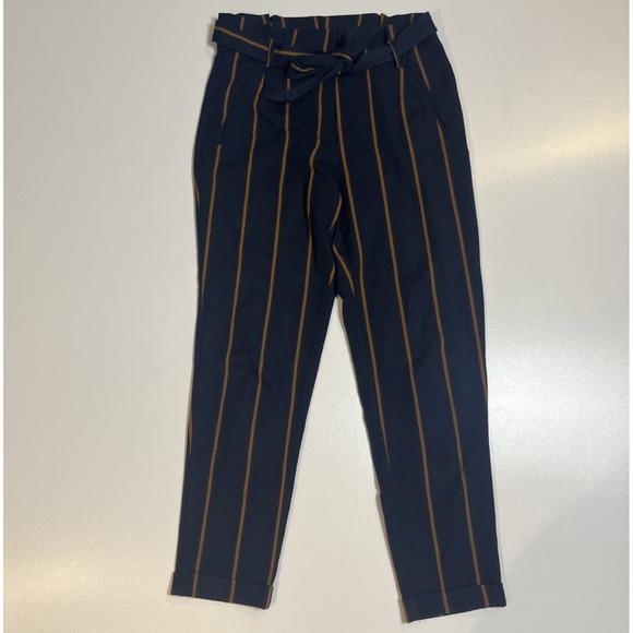 Zara Tie Waist Ankle Paperbag Pants Size XS Navy /Orange Stripe Cuffed Trouser - Picture 1 of 7